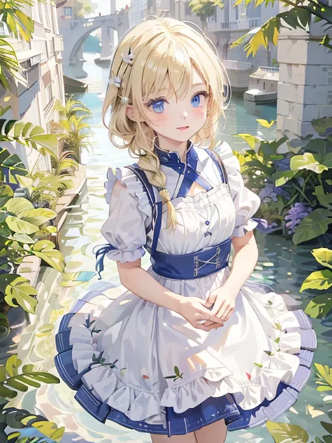 masterpiece, highest quality, Very detailed, 16k, Ultra-high resolution, 8-year-old girl, Detailed face, Perfect Fingers, blue eyes, blonde, Braiding, Blue Apron Dress, Dreamscape, Riverside, Walk along the riverbank