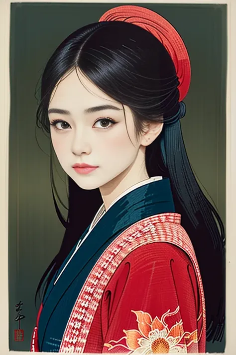 Ukiyo-e:1.9、Utamaro、woodblock print、woodblock print、colorful inkpainting、Beautiful woman、Space Opera、skimpy leather costume、Detailed face、Beautiful Eyes、Elegant kimono、Intricate floral pattern、Delicate skin、Natural light、A calming color palette、Soft Focuas...