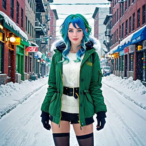 best quality,ultra high res,1girl,solo,full body,snow,city,, blue hair,green eyes,jk, pretty woman