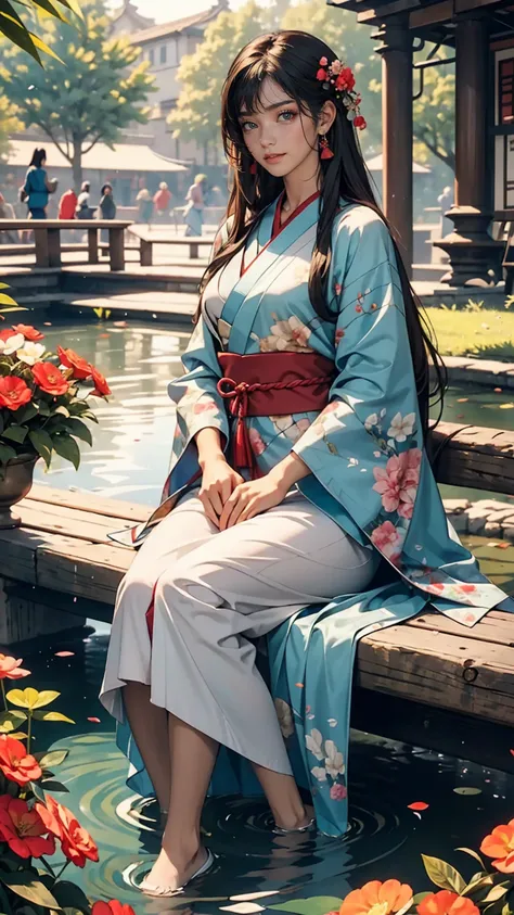 second dimension, ancient style, spring garden, outdoor, gray hair, hanfu, nature, there is a pond in the middle of the courtyar...