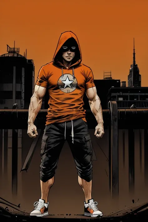 Man darkened face cap and Long long shorts with sachets on the sides and converse sneakers Heroic Presence Serious and strong pose Regular orange T-shirt. Hooded Down