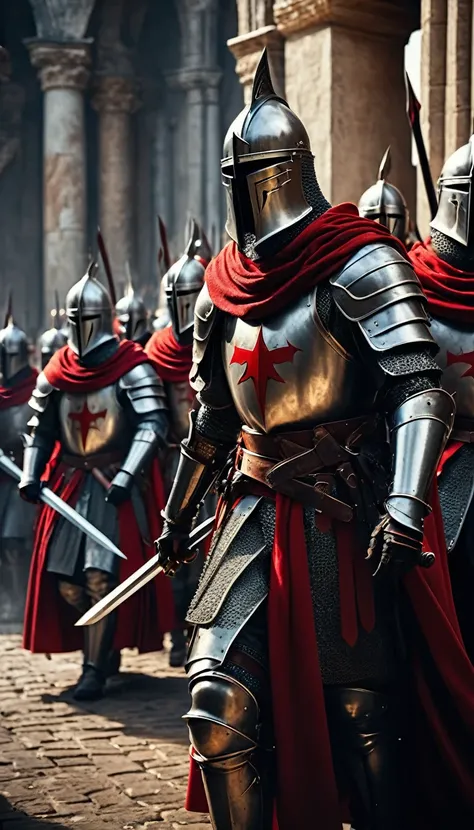 a group of knights donned in full armor and adorned with striking red capes finds themselves in the midst of a dramatic battle. Armed with powerful maschinengewehr weapons, these valiant templars face off against a horde of possessed politicians, locked in...