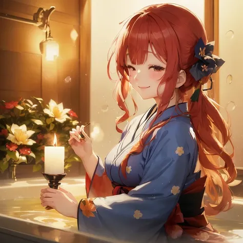 anime girl in a bathtub with a candle and flowers, ayaka genshin impact, rin, in a kimono, serene smile, ayaka game genshin impact, beautiful anime girl, beautiful anime portrait, marin kitagawa fanart, cunning smile, anime style 4 k, anime art wallpaper 4...