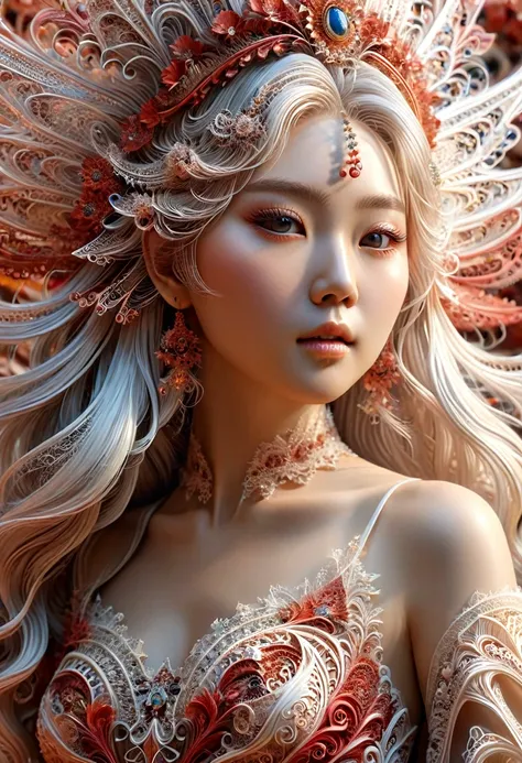 (((Tall Korean Woman, intense and deep pale skin, peau parfaite, en mouvement,  marche, full body, cheveux blanc brillant, cheveux longs et droits, intelligente, long fine lace body dress, robe couleur rouge sang))), ((best quality, extremely detailed:1.8,...