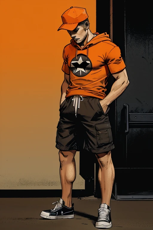 Man With a cap that obscures his face and Long long shorts with sachets on the sides and converse sneakers Heroic Presence Serious and strong pose Regular orange T-shirt. Hooded 