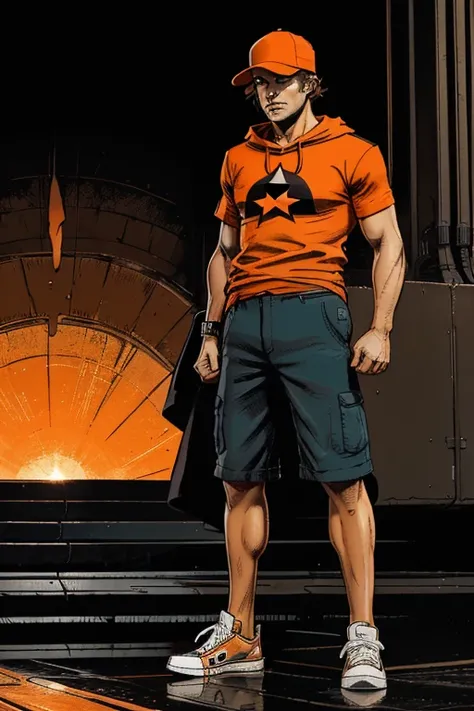 Man With a cap that obscures his face and Long long shorts with sachets on the sides and converse sneakers Heroic Presence Serious and strong pose Regular orange T-shirt. Hooded 