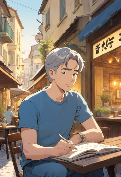 Herge, front, portrait, 40 years old man with grey slick and neat short hair, drawing pictures on a sketchbook, outdoors, backlight, soft light, outdoor cafe, looking up,  wearing black t-shirt and blue denim jeans