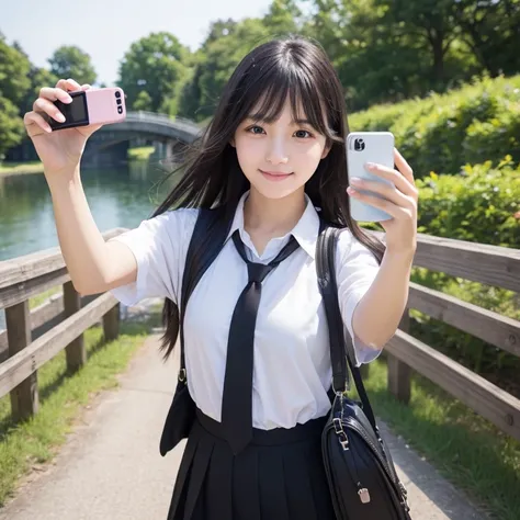 Taking a selfie、Holding a smartphone in hand、Cute Japanese Girl, Black Hair, Moderate ,high school, High-quality photos