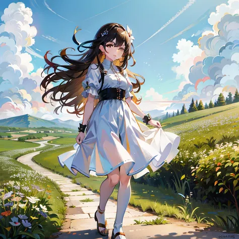 Anime girl in white dress walks on the road in the field, Anime Girl with Long Hair, Cute anime waifu in a nice dress, Beautiful anime, anime style 4 k, Beautiful anime girl, beautiful anime style, beautiful anime art, beautiful anime artwork,  in dress, a...