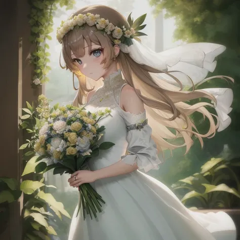 anime girl in wedding dress with bouquet of flowers, guweiz, guweiz on pixiv artstation, guweiz on artstation pixiv, beautiful m...