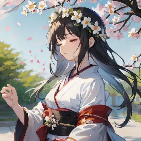 anime girl in kimono outfit with flowers in her hair, sakura petals around her, anime style 4 k, palatial palace ， a girl in hanfu, Beautiful Anime Portrait, cherry blossoms in the wind, flowing white robes, anime wallpaper 4k, anime wallpaper 4 k, portrai...