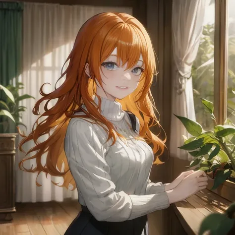 Anime girl looking out the window with long red hair and blue eyes, painted in anime painter studio, Anime visuals of cute girls, marin kitagawa fanart, Cunning smile, Rin, Smooth Anime CG Art, [[[[grinning evily]]]], beautiful portrait of nami, Fine detai...