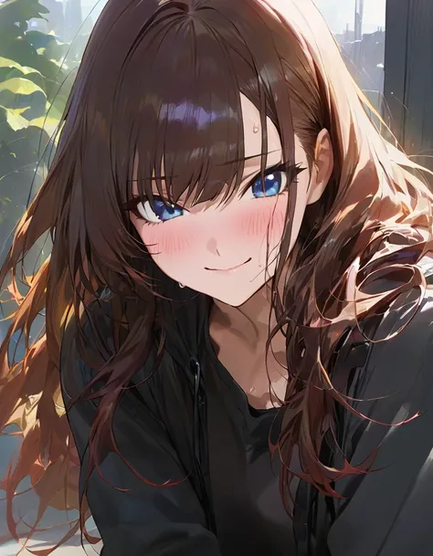 by modare, ((top quality)), ((masterpiece)), ((Super detailed)), 1 girl, blue eyes, brown hair, long hair with bangs, dressed in a black T-shirt and black jeans, upper body, wearing a black raincoat unbuttoned, fingerless black gloves, flowing hair, lookin...