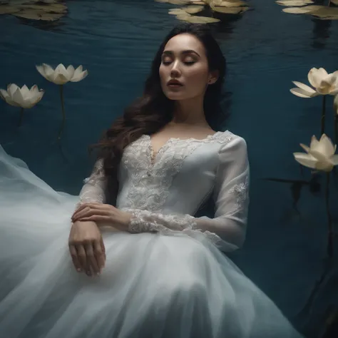 Full shot of a very pretty kazakh woman in a white dress and skirt lie down on her back on the water, open beautiful eyes, submerged in water, aesthetic reflection on the water, dynamic poses, lots of Lotus flowers, shot from above, dramatic moody, perfect...