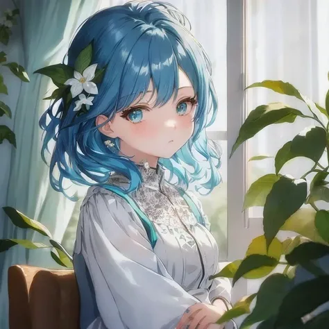 Blue haired anime girl sitting on a chair near the window, Beautiful Anime Portrait, Anime girl with teal hair, Beautiful anime girl, anime style 4 k, Portrait of an anime girl, beautiful blue haired girl, Mikudayo, anime style portrait, anime moe art styl...