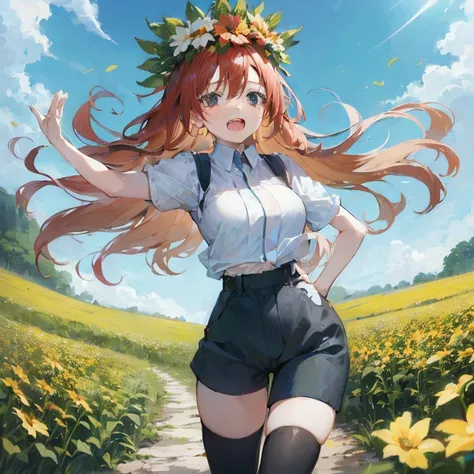 woman with long hair and corolla on head, beautiful sunflower anime girl, stands in a flowering field, anime girl with long hair...