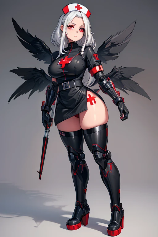 female, red eyes, robot, (((1girl))), (((black metal nurse uniform))), (black cybernetic gauntlets), (black cybernetic boots), (black belt), (cybernetic angel wings), cute and sexy, full body, large breasts, large butt, long legs