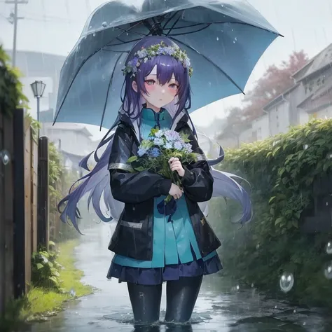 Anime girl holding umbrella in rain with flowers in hand, guweiz, artwork in the style of guweiz, In the rain, anime moe art style, After the rain, under rain, after rain and no girl, rainy day, rainy days, hanayamata, in a rainy environment, guweiz on pix...