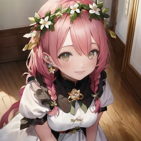 Anime girl with pink hair and flower crown sitting on the floor, guweiz, Anime visuals of cute girls, guweiz on pixiv artstation, Cute anime waifu in a nice dress, best anime 4k konachan wallpaper, Beautiful Anime Portrait, guweiz on artstation pixiv, kawa...