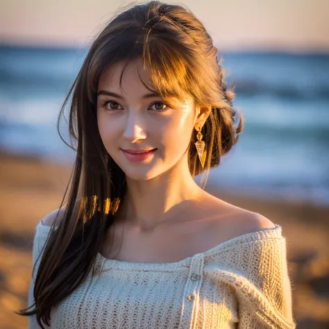 (8k, RAW photograph, highest quality, masterpiece:1.3),(Genuine,photograph:1.37),(Looking at the audience:1.331),Pause,Beachfront,Morning view,sunrise,sunny,One girl,Very beautiful face,small,Hair weight,Fluffy hair,Random representation,Smile with the cor...