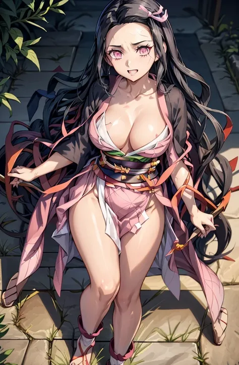 1girl, 1girl nezuko full body, Nezuko Kamado, Nezuko Kamado demon slayer, kamado nezuko, (anime: demon slayer), sexy, female body, perfect body, fullbody, pink enchanting eyes, dark black hair, black hair, black long hair, sexy, perfect body, panties, nake...