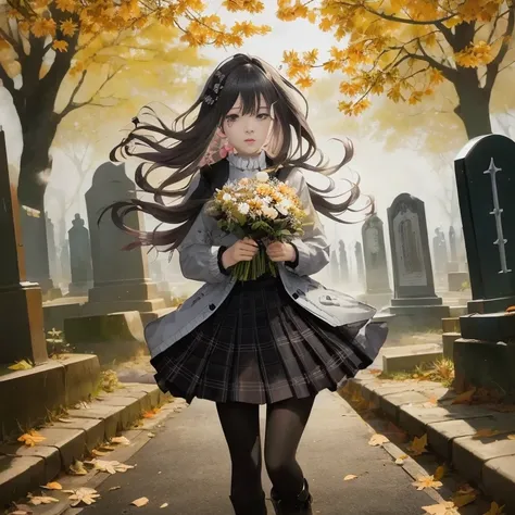 Anime girl with flowers walking in cemetery, Anime visuals of cute girls, guweiz on pixiv artstation, guweiz, Anime art wallpaper 8k, guweiz on artstation pixiv, artwork in the style of guweiz, in a graveyard, anime girl wearing a black dress, Smooth Anime...