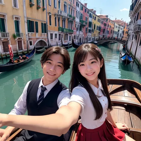 Have a smartphone、The unique scenery and historical architecture of the floating city、 (Beautiful girl smiling and taking a selfie while riding a gondola:1.5)、highest quality、High resolution、Detailed Background、(Beautiful face in every detail:1.4)、Anatomic...