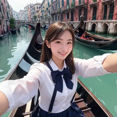 One has a smartphone、The unique scenery and historical architecture of the floating city、 (Beautiful girl smiling and taking a selfie while riding a gondola:1.5)、highest quality、High resolution、Detailed Background、(Beautiful face in every detail:1.4)、Anato...