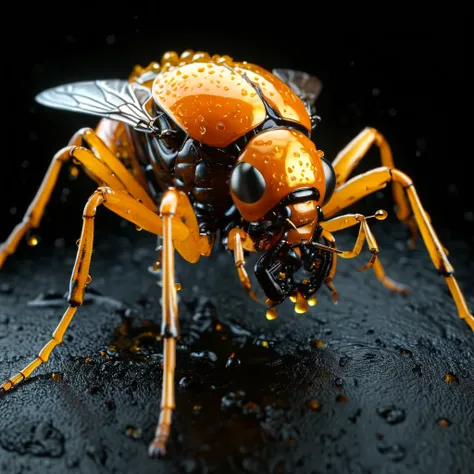 a mutated gooey orange fly insect, hyperrealistic 3d render, black background, insect anatomy, detailed exoskeleton, glowing com...