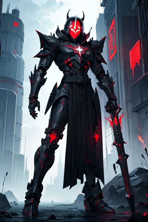 male, red eyes, robotic, (((1boy))), (((black metal armor))), (black cybernetic gauntlets), (black cybernetic boots), (black belt), (black metal helmet), long legs, slim