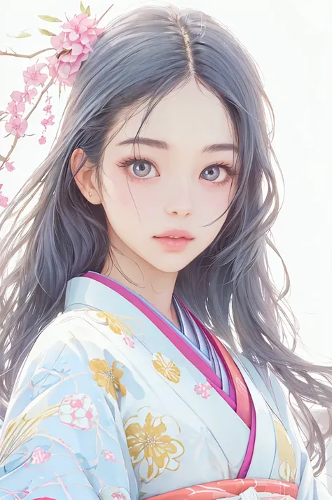 1 beautiful girl、Big round eyes、１By people、Realistic、lips、Tabletop、highest quality、Excellent anatomy、Skin Texture、White Background、Small breasts、Twelve-layered kimono、Gentle pale pink　The beauty of layered colors、Glitter、Black Hair、Long Hair、Beautiful memo...