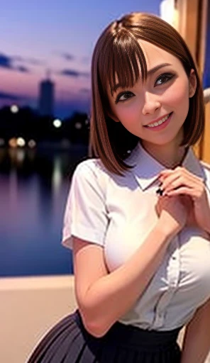 (8k, Original photo, highest quality, masterpiece:1.2), (Actual, photo-Actual:1.37), Very detailed,
1 girl,Lovely, alone,Beautifully detailed skies,Cafe details,night,Sitting,Date,(Blushing your nose),(smile:1.1),(Shut your mouth.),Big Breasts, seductive s...