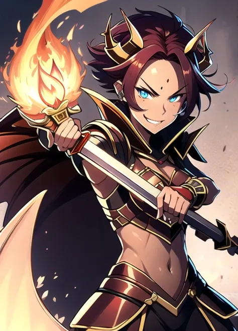 a mystical warrior woman with short red hair, piercing blue eyes, and red dragon-like horns, wings, and tail, wearing intricate purple armor with gold plating, wielding a flaming sword and emanating powerful fire magic, with a confident smirk on her face