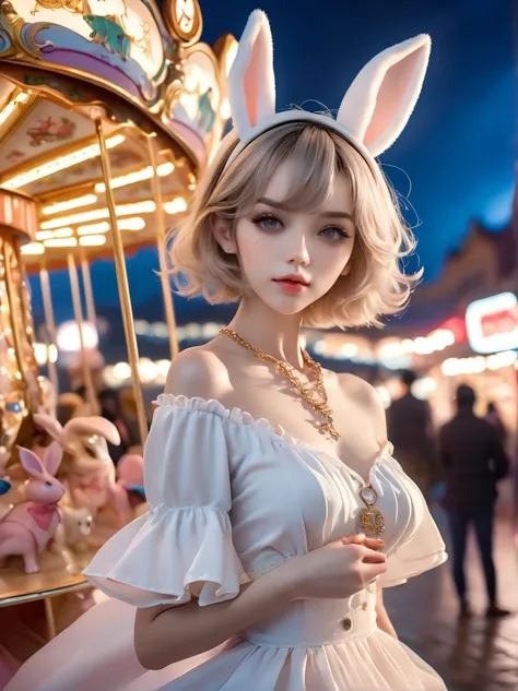  Wide-angle lens, Woman wearing fashionable spring clothes，Woman enjoying carousel at night，emaciated，Serious expression，short hair，Deadly pose，Gorgeous necklace, Light milky porcelain skin, smooth, Crystal clear skin, Enchanting anime girl, Beautiful and ...