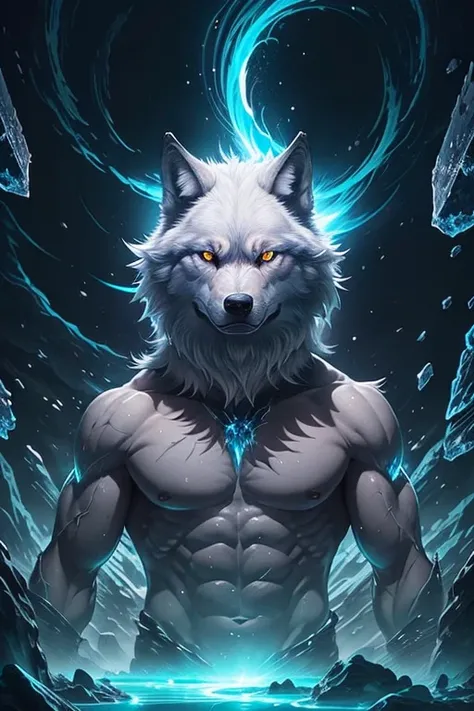 (artwork))), better quality, detailed CG illustration, mystical and mysterious figure of a wolf, white hair, burning eyes, fierce and intimidating expression, soft tones, with ice power, surrounded by icy ice event on screen in an angry pose
