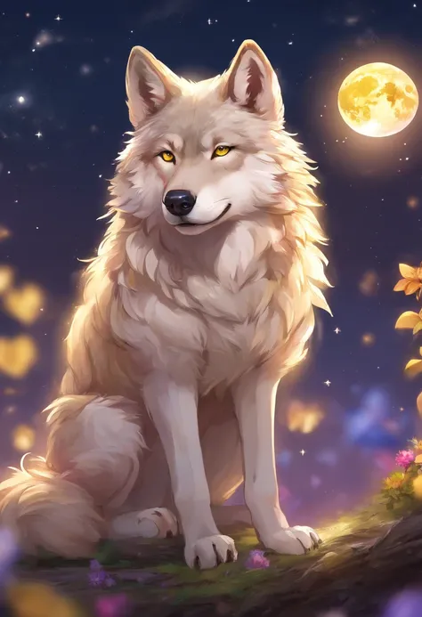 Realistic wolf in front of a full moon. The wolf has yellow eyes and golden fur.. The painting is full of stars and faint lights，The wolf had a calm expression.