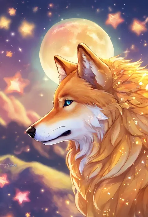 Realistic wolf in front of a full moon. The wolf has yellow eyes and golden fur.. The painting is full of stars and faint lights，The wolf had a calm expression.