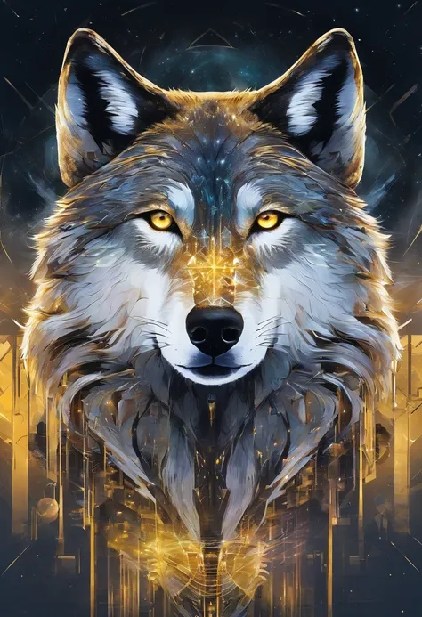 Realistic wolf in front of a full moon. The wolf has yellow eyes and golden fur.. The painting is full of stars and faint lights，The wolf had a calm expression.