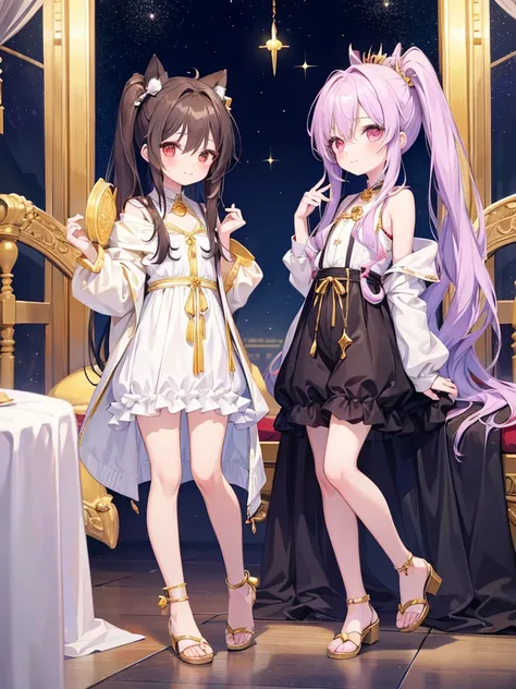 Anime style, two cute boys in womens clothing, two small young boys, a cute god and a cute follower, an incarnation of Ishtar and an incarnation of Ninshuburu,