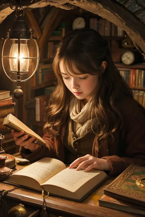 "Realistic painting, ((attractive)) Scene of a girl engrossed in reading, Antique books, cozy hobbit cave, A complicated watch with moving gears, ((nostalgic)), detailed, Warm palette"