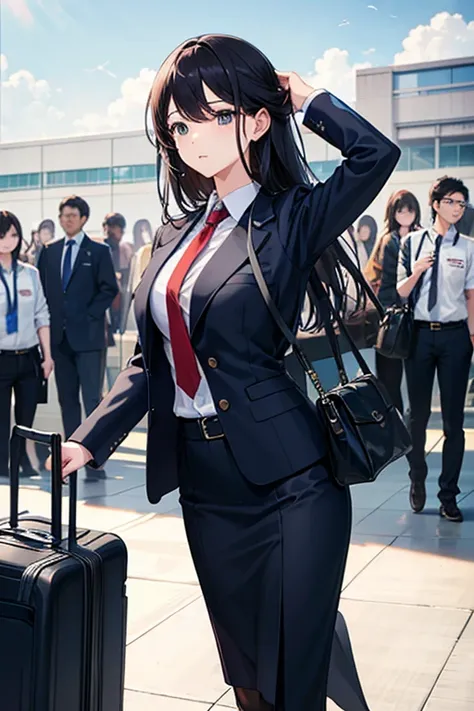 Airport、There is an airplane in the background、woman、Sexy cabin attendant-style uniform、Standing posture、Shoulder-length hair、Beautiful Hair、Hair blowing in the wind、