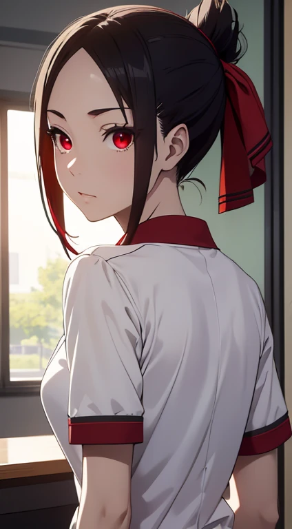 kaguyasinomiya, kaguya shinomiya, folded ponytail, forehead, hair ribbon, (red eyes:1.5), red ribbon, band, short hair, side loc...