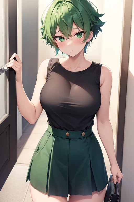 1 girl, izuku midoria as a girl, deku genderswap, female izuku midoria, izuku midoria genderbend (anime my hero academia) genderswap, female/girl/woman, feminine features, feminine body, cute, short green hair, green hair, short hair, green eyes, beautiful...