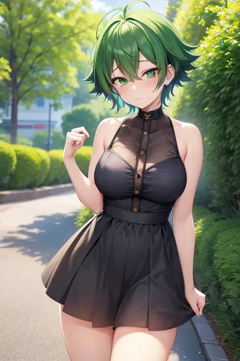 1 girl, izuku midoria as a girl, deku genderswap, female izuku midoria, izuku midoria genderbend (anime my hero academia) genderswap, female/girl/woman, feminine features, feminine body, cute, short green hair, green hair, short hair, green eyes, beautiful...