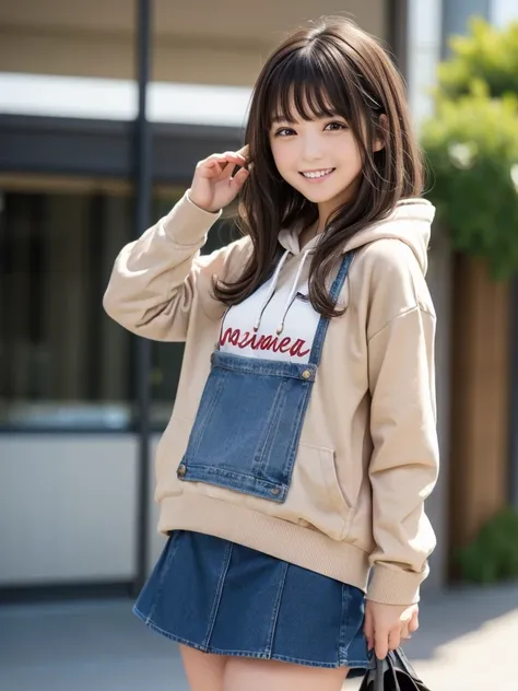 (((((girl１people))))), (20-year-old), グラビアアイドルとして活躍する最高に可愛いgirl、(brown hair)、(semi-long hair), (light grey hoodie)、(denim micro ...