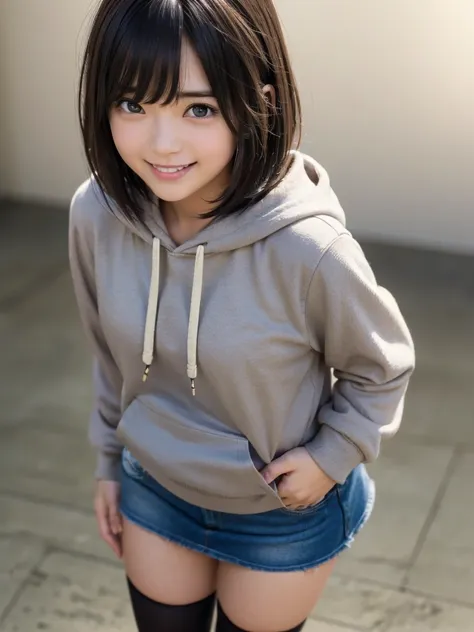 (((((girl１people))))), (20-year-old), グラビアアイドルとして活躍する最高に可愛いgirl、(brown hair)、(short bob hair), (light grey hoodie)、(denim micro ...