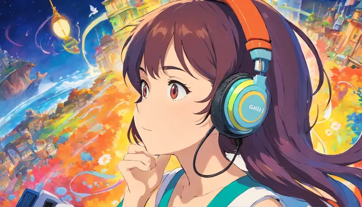 Ghiblis painting style　Woman listening to music in headphones　Fantasy　colorful