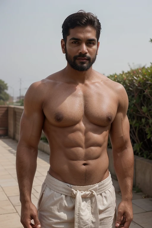 Handsome  Indian   , aesthetic physique , weight around 65-70 kg , lean muscle , with beard , wearing dhoti