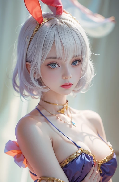 28 years old, Close-up portrait of a woman in a colorful clown costume、Shoulders out、thin、Serious expression、Short-haired、Deadly position, Gorgeous Necklace, Light milky porcelain skin, Smooth, Translucent white skin, Enchanting anime girl, Beautiful and s...