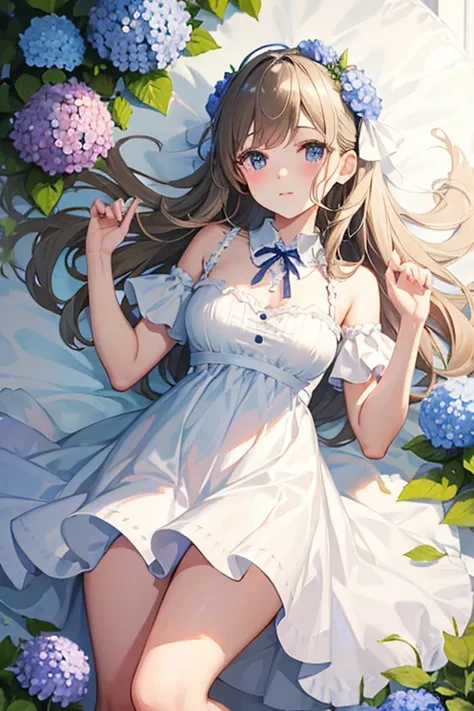 highest quality, masterpiece,cute,hydrangea,beautiful girl,White dress,ribbon